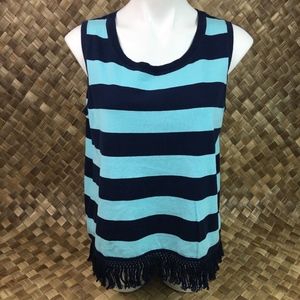 Sail To Sable Large Striped Navy Fringe Hem Top